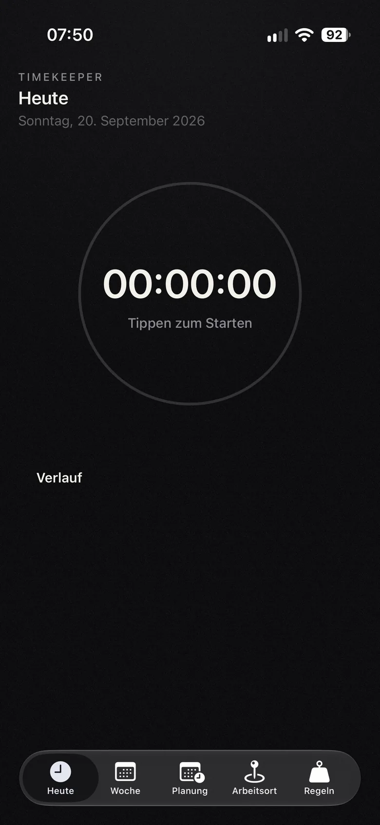 Timekeeper-App: Bildschirm Heute im Ruhezustand im Dunkelmodus