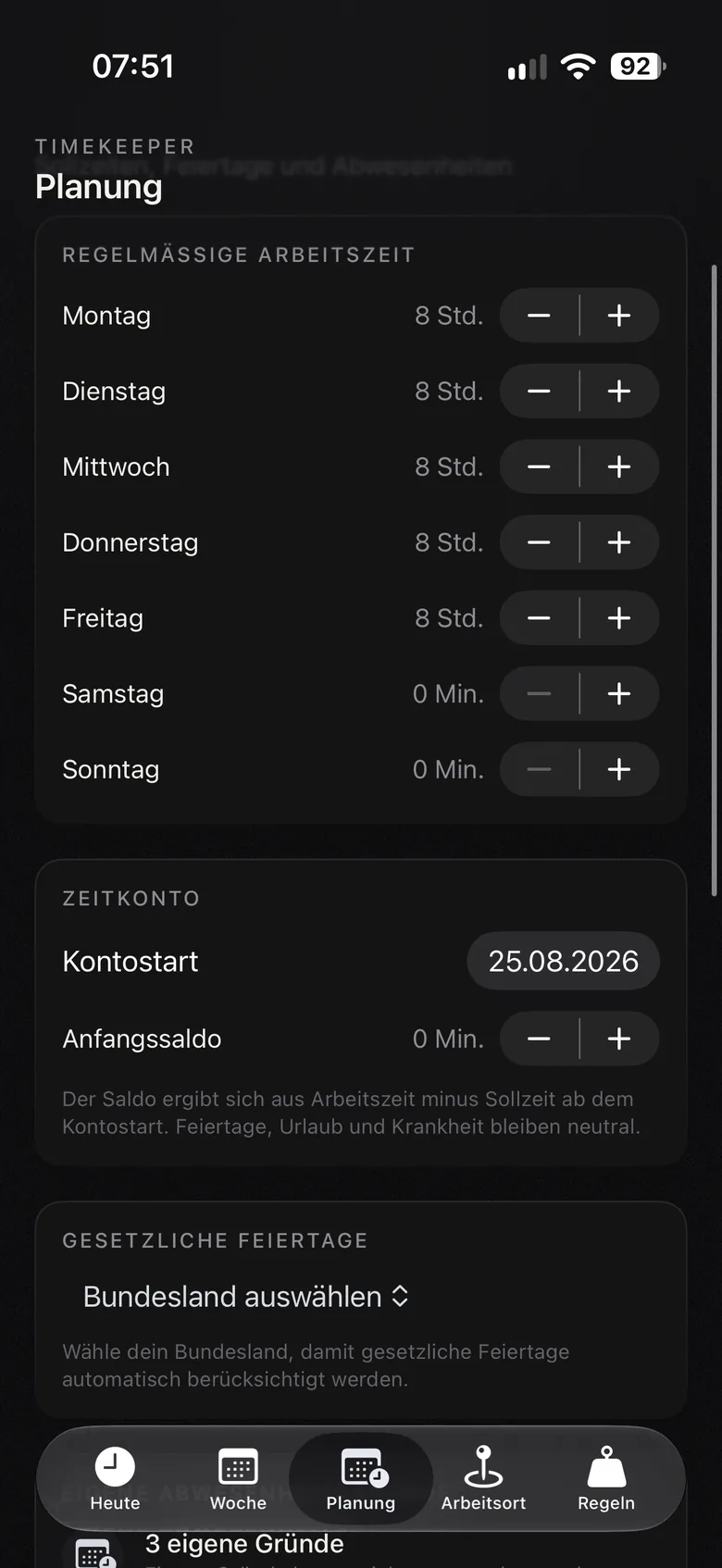Timekeeper-App: Planung von Einträgen im Dunkelmodus