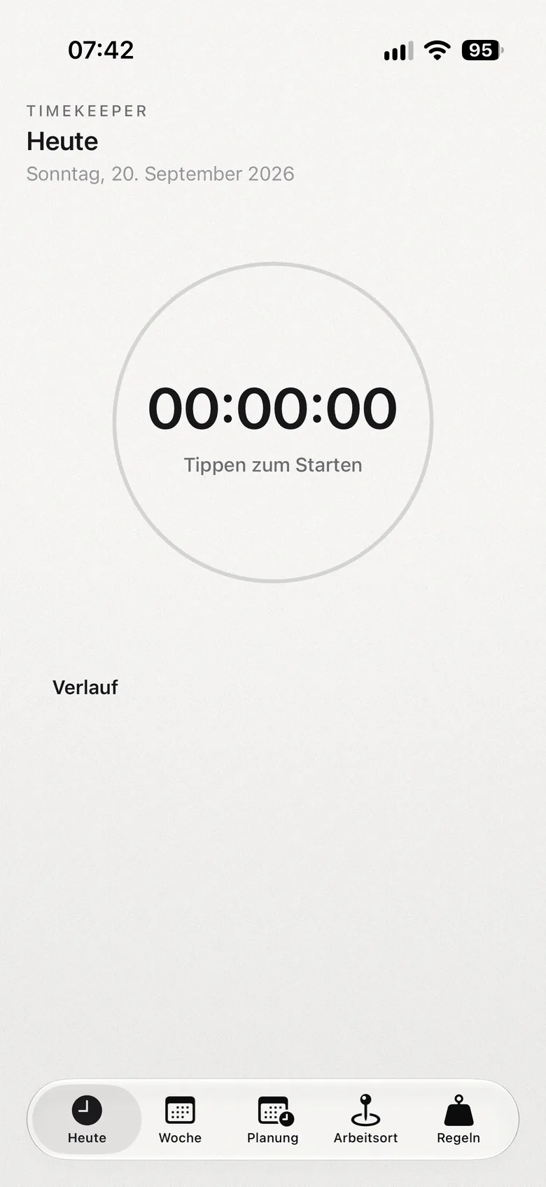 Timekeeper-App: Bildschirm Heute im Ruhezustand im Hellmodus