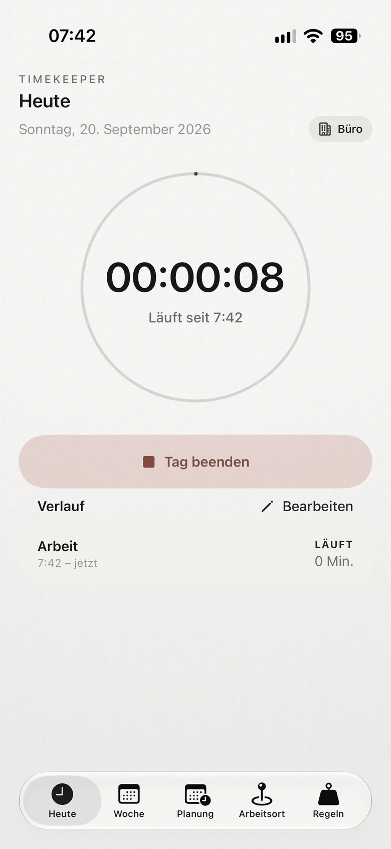 Timekeeper-App: laufende Zeiterfassung auf Heute im Hellmodus