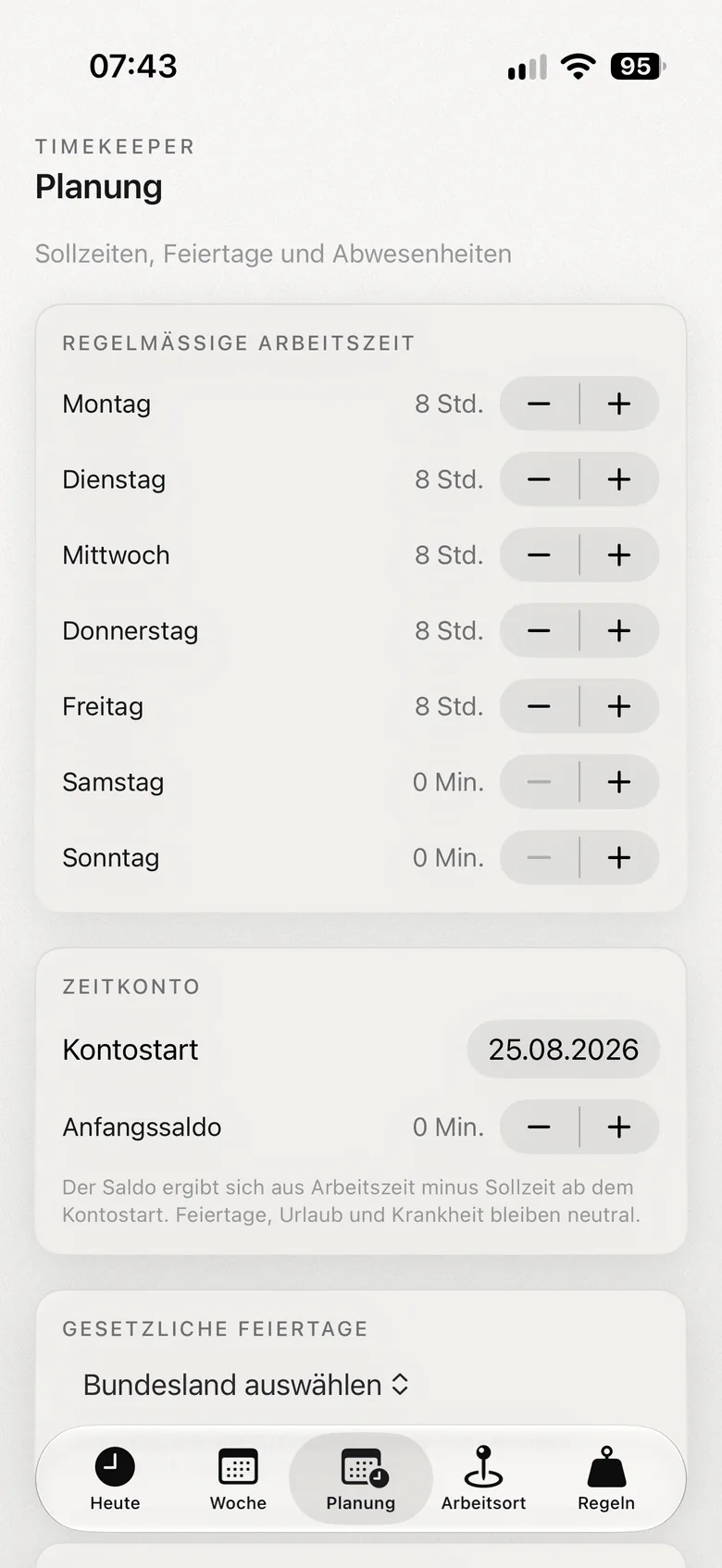 Timekeeper-App: Planung von Einträgen im Hellmodus